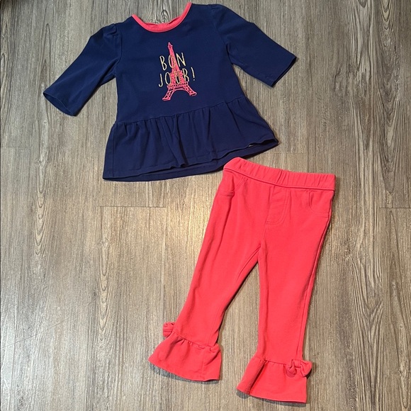 Bonjour Navy Top and Coral Pants Set-Size 2T - Picture 1 of 10